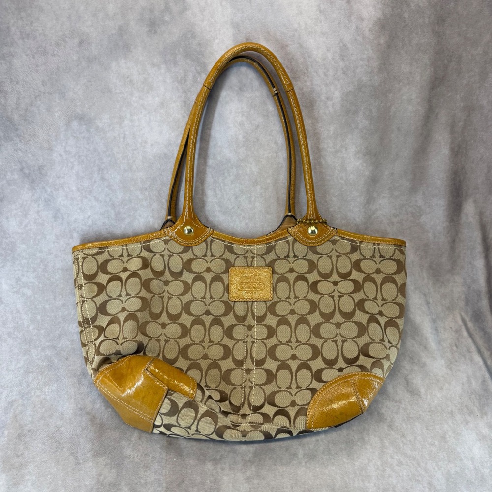 Coach Tote Bag Women Medium Brown Signature Monogram Patent Trim 12564